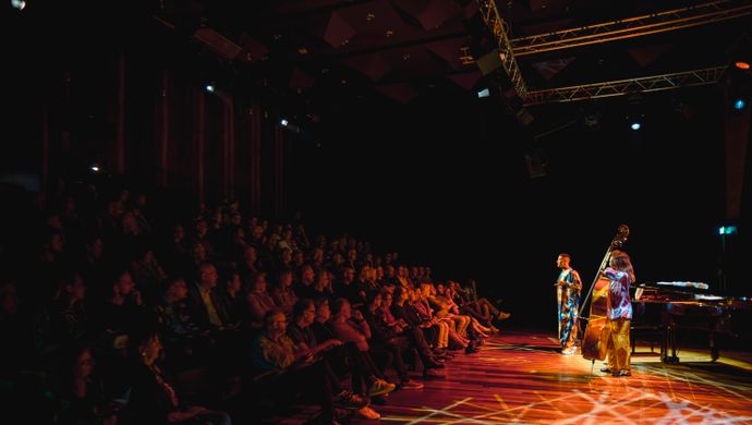 Publiek kijkt naar de artiesten op het podium
