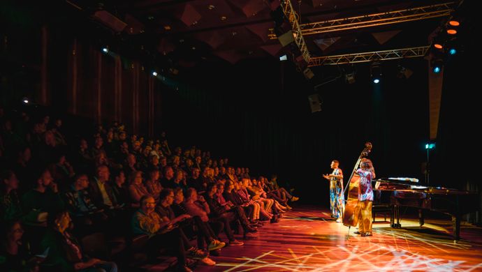Publiek kijkt naar de artiesten op het podium