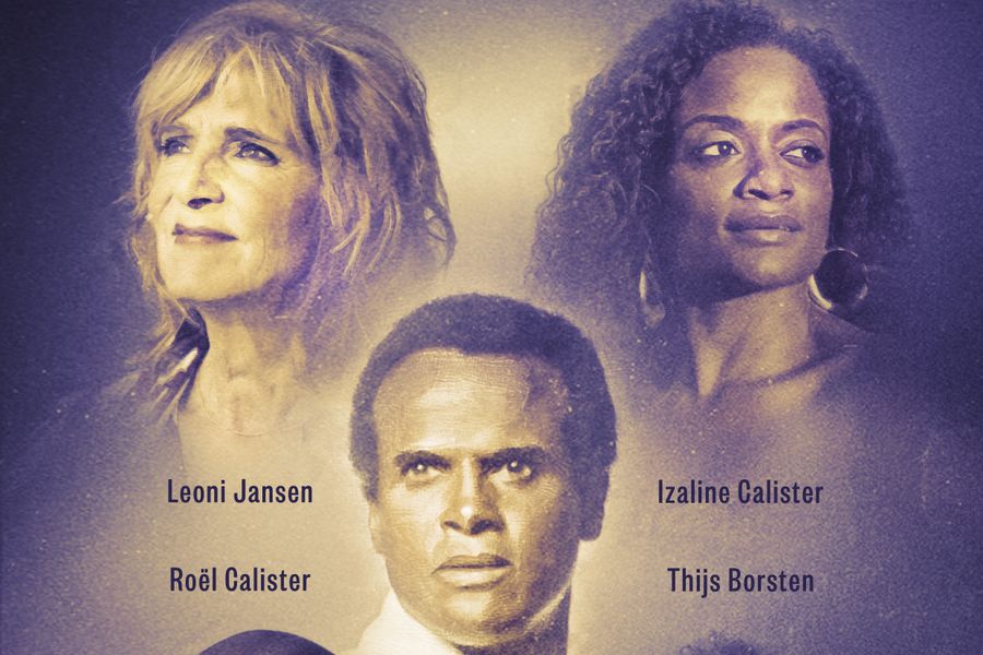 Promotieafbeelding met portretten van vijf artiesten rondom een centraal portret van Harry Belafonte. De namen van de artiesten staan erbij: Izaline Calister, Manoushka Zeegelaar Breeveld, Humphrey Campbell, Ruud Bos en een grotere tekst “Harry Belafonte” in het midden. De afbeelding heeft een paarse gloed.