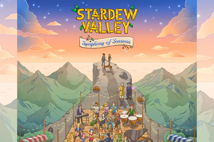 Promotieposter voor Stardew Valley: Festival of Seasons, met een kleurrijke illustratie van een podium vol personages uit het spel Stardew Valley, omringd door bergen en natuur. Onderaan staat de tekst: “ROTTERDAM – DE DOELEN – 25.01.26” met ticketinformatie en social media-iconen.