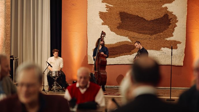 Muzikant speelt de contrabas op het podium