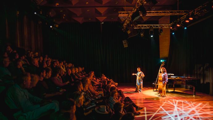 Publiek kijkt naar de artiesten op het podium