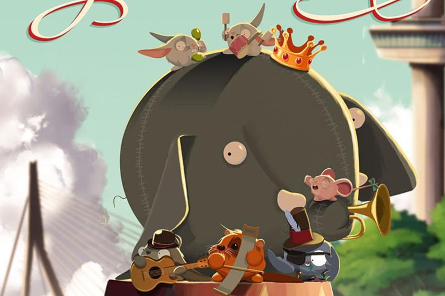 Illustratie van een groot, donkergrijs olifantenhoofd waarin een huiselijk tafereel is verwerkt met mensen die eten, drinken, muziek maken en ontspannen. Bovenop het hoofd staan feestende mensen en vlaggetjes. Rechts in beeld staat de Euromast, wat duidt op een setting in Rotterdam. De achtergrond toont een blauwe lucht met wolken en zwevende linten.