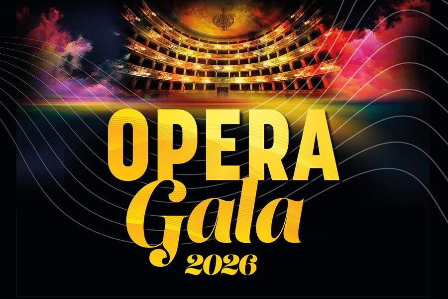 Kleurrijke promotieafbeelding voor het Opera Gala 2025, met centraal in beeld de woorden “OPERA Gala 25/05/25” in grote, gele letters. Op de achtergrond is een theaterzaal met goudkleurige balkons te zien, omringd door abstracte lichtflarden in roze, paars en oranje tinten.