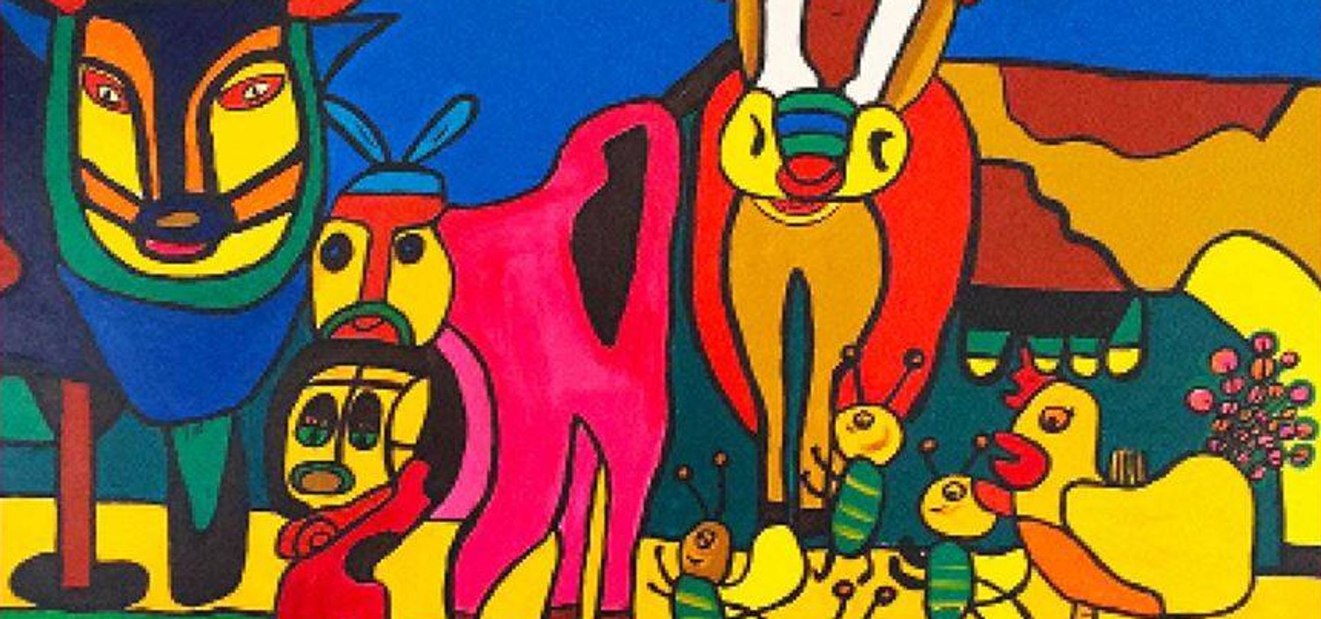 Brightly colored illustration of animals including an elephant, lion, fish, and bull, in an abstract, playful style on a pink background. The top text reads “Carnaval der Dieren – Camille Saint-Saëns” and the bottom shows the white de Doelen logo.