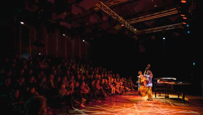 Publiek kijkt naar de artiesten op het podium