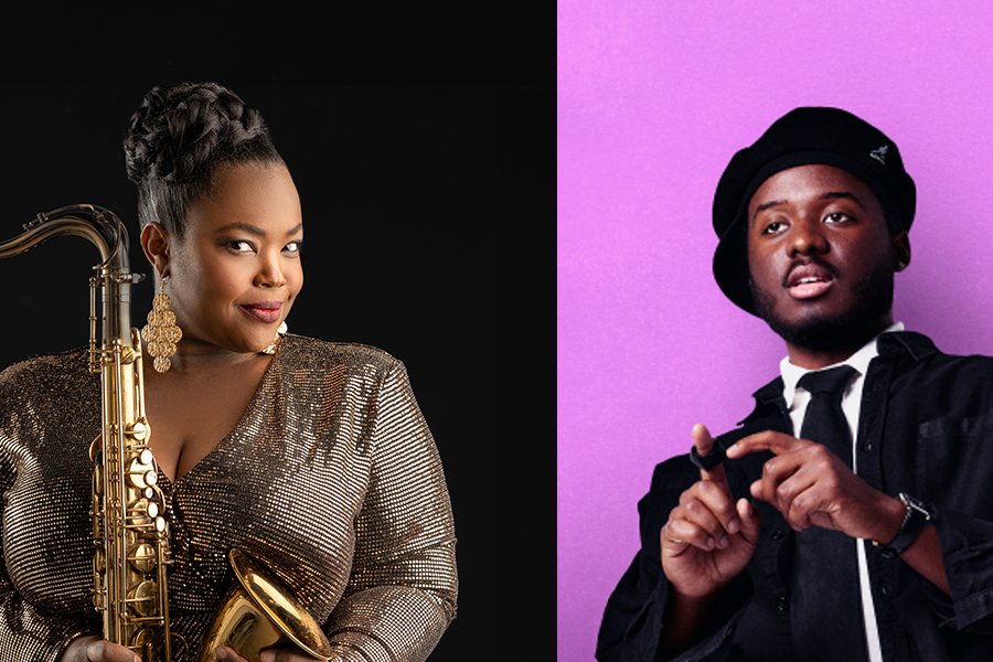 Twee artiesten naast elkaar: links een vrouw met een vlecht in een glinsterende jurk die een saxofoon vasthoudt, op een zwarte achtergrond. Rechts een man met een hoed in een donker pak tegen een roze achtergrond, die zijn vingers in een ritmische houding houdt.